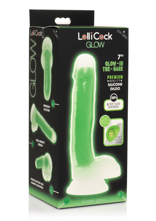 Curve Toys | LolliCock 7" inches Glow-In-The-Dark Silicone Dildo w Balls Green