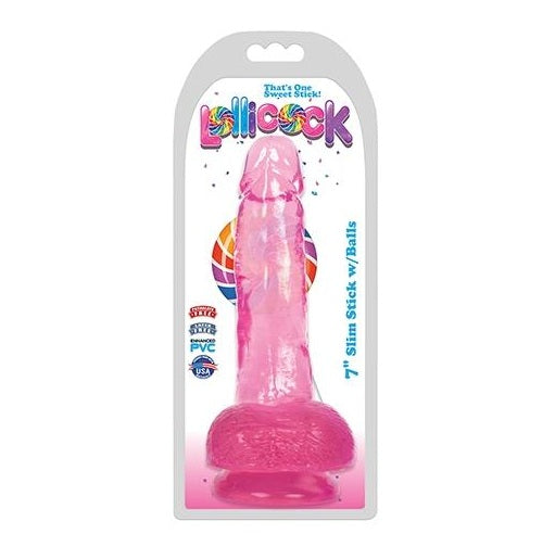 Curve Toys | LolliCock 7" Slim Stick Dildo with Balls - Cherry Ice