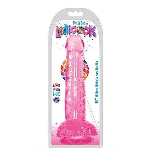 Curve Toys | LolliCock 8" Slim Stick Dildo with Balls - Cherry Ice