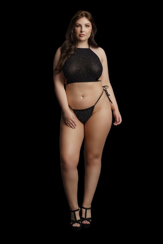 LINGERIE LE DESIR Festive Rhinestone Top and Thong Chrismas Black Size OSX