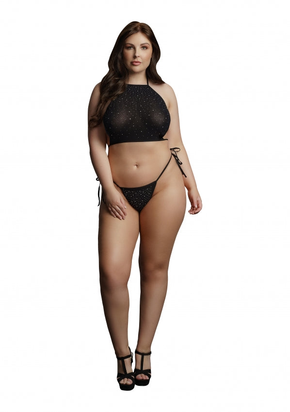 LINGERIE LE DESIR Festive Rhinestone Top and Thong Chrismas Black Size OSX