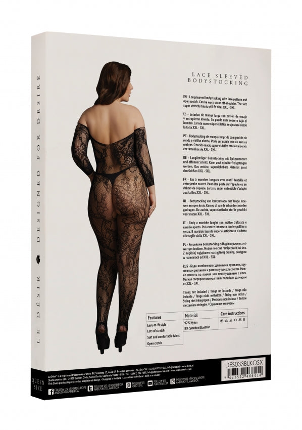 Le Desir Collection Lace Sleeved Bodystocking Black Size OSX