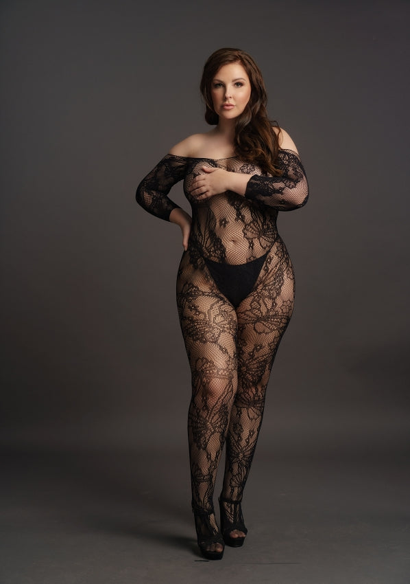 Le Desir Collection Lace Sleeved Bodystocking Black Size OSX
