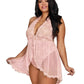 Dreamgirl Plus Size Halter Plunge Lace Teddy with Flyaway Skirt Pink Champagne Size Queen