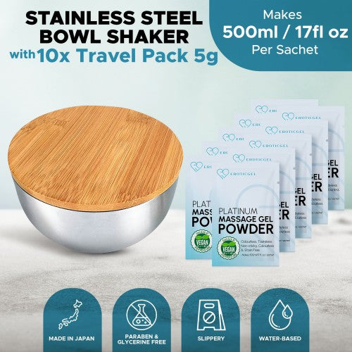 Eroticgel | Nuru Bamboo Massage Bowl Shaker with Bamboo Lid 500ml with 10x5g Sachets