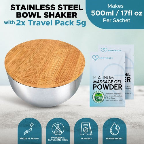 Eroticgel | Nuru Bamboo Massage Bowl Shaker with Bamboo Lid 500ml with 2x5g Sachets