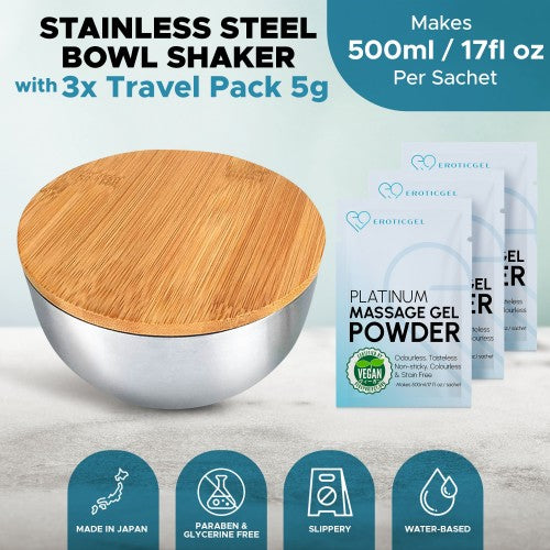 Eroticgel | Nuru Bamboo Massage Bowl Shaker with Bamboo Lid 500ml with 3x5g Sachets
