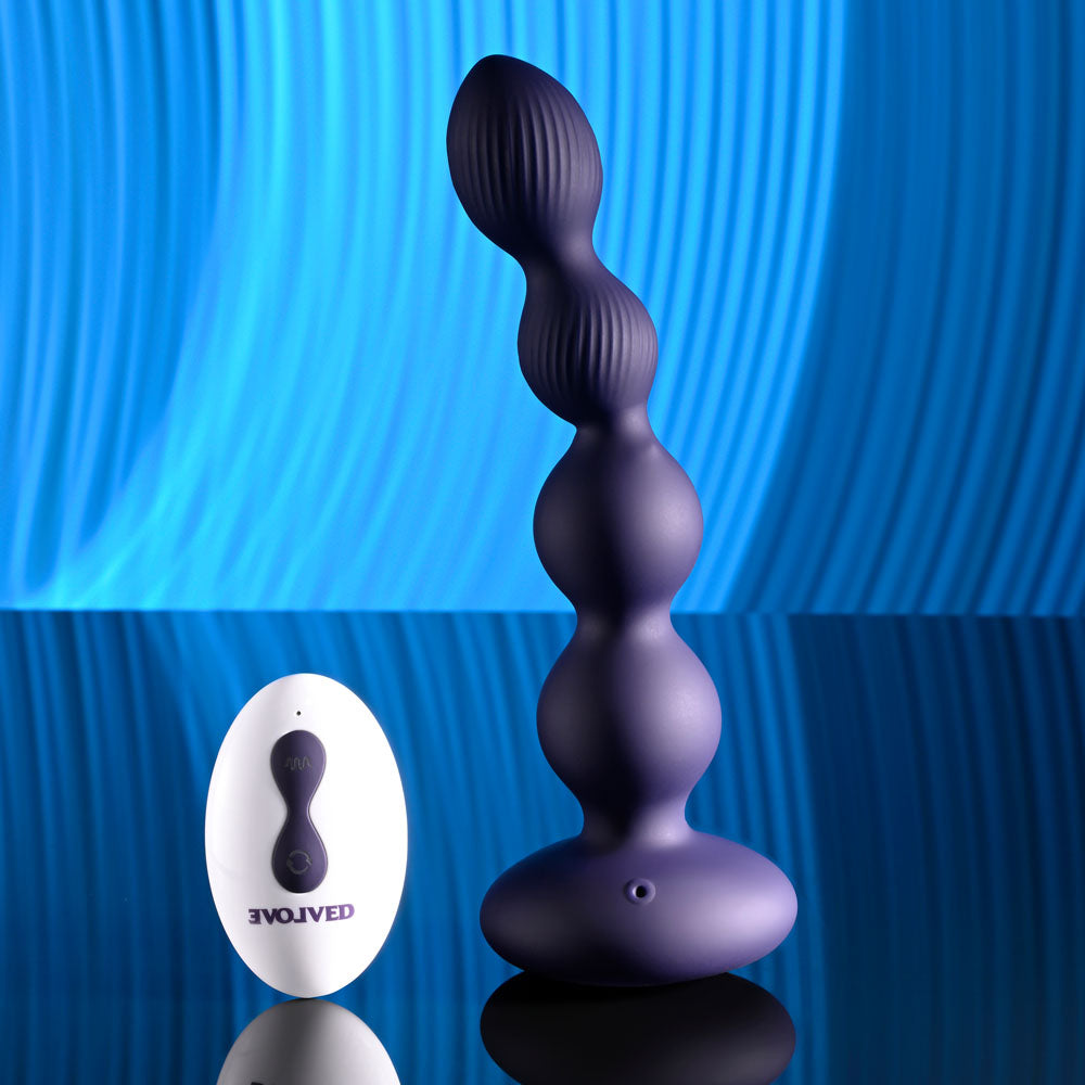 Evolved PLEASURE ORBIT - Navy Blue 17.8cm Twirling & Vibrating Anal Beads with Remote