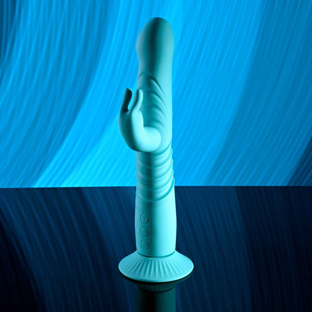Evolved BUNNY HOP - Teal 25.1cm Thrusting Rabbit Vibrator with Suction Base
