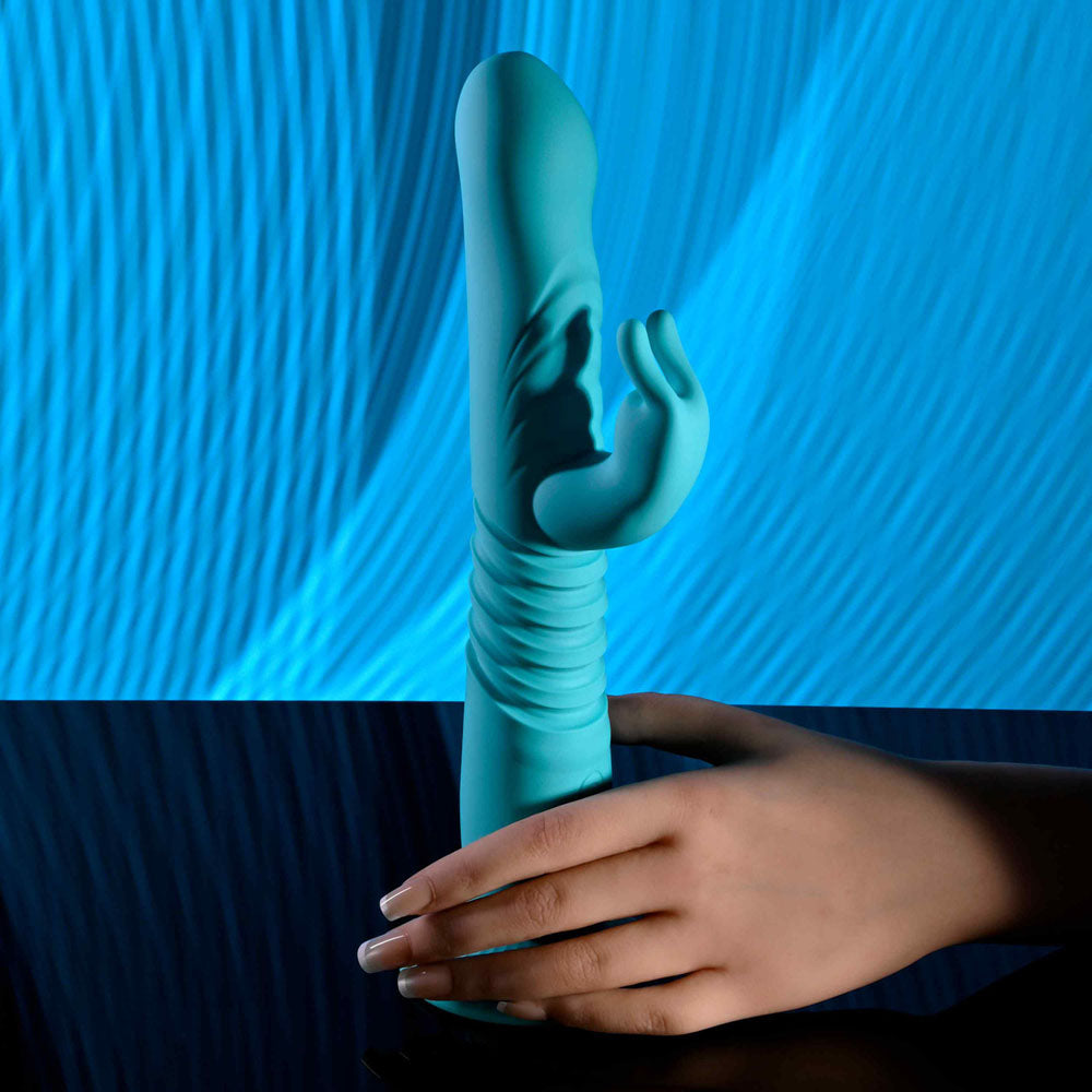 Evolved BUNNY HOP - Teal 25.1cm Thrusting Rabbit Vibrator with Suction Base