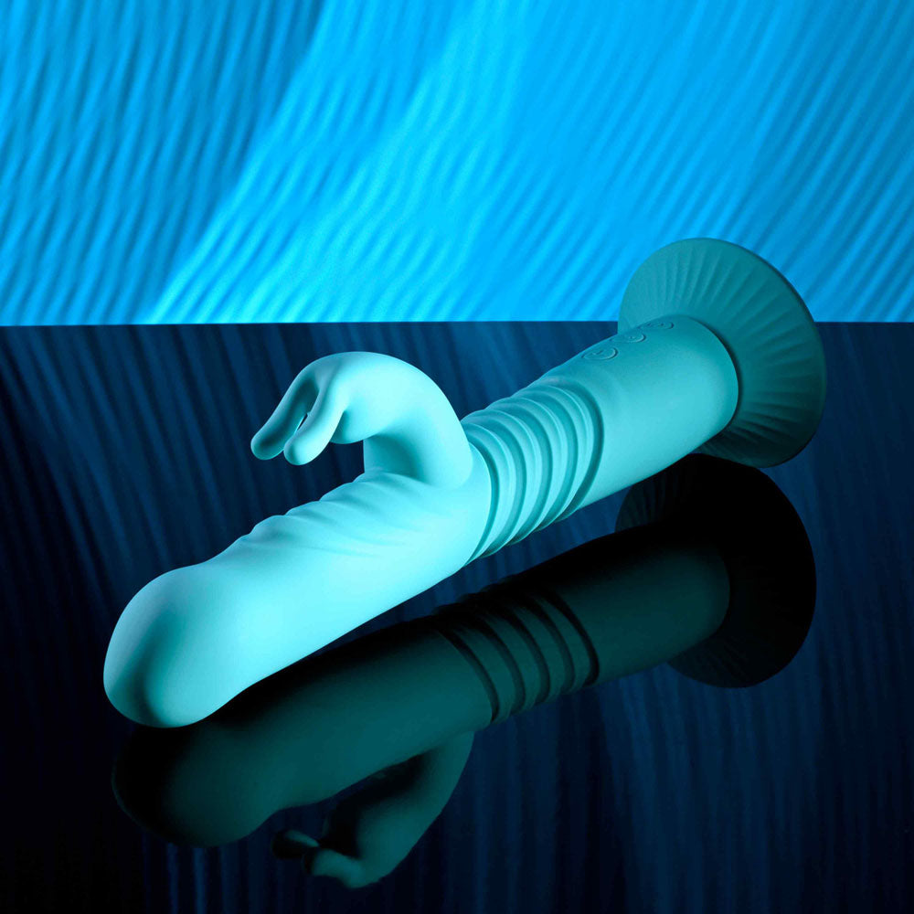 Evolved BUNNY HOP - Teal 25.1cm Thrusting Rabbit Vibrator with Suction Base