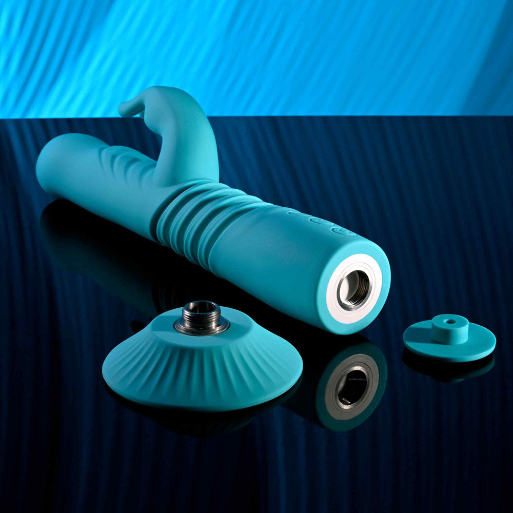 Evolved BUNNY HOP - Teal 25.1cm Thrusting Rabbit Vibrator with Suction Base