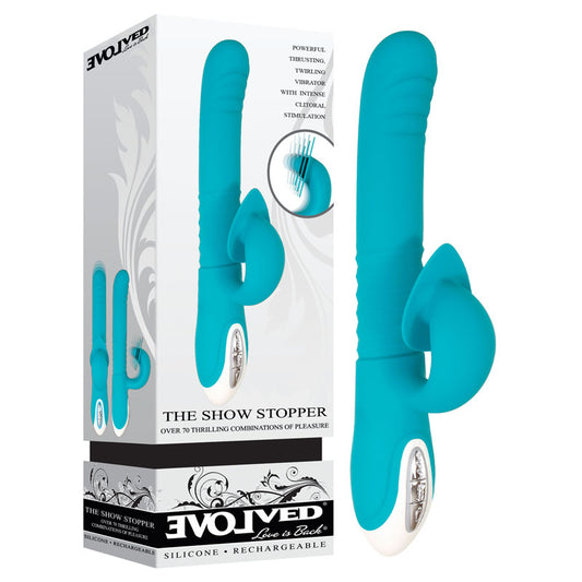 Evolved The Show Stopper - Teal 23.5cm Thrusting Twirling Rabbit Vibrator