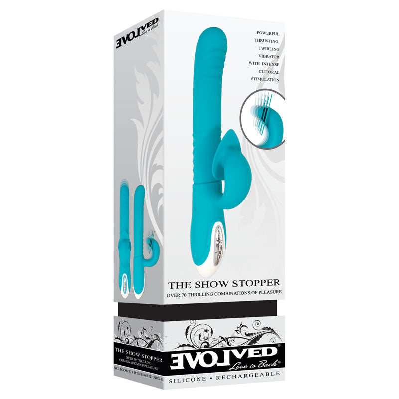 Evolved The Show Stopper - Teal 23.5cm Thrusting Twirling Rabbit Vibrator