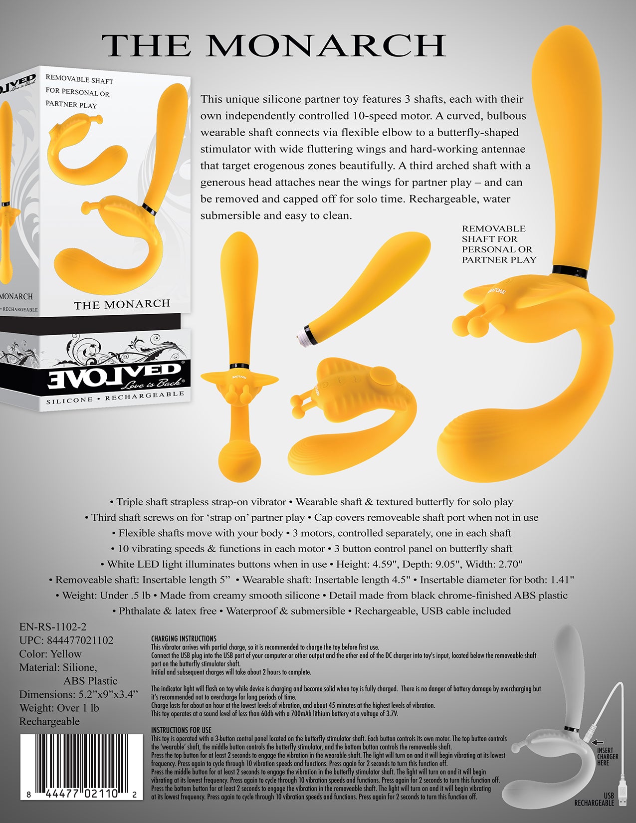 Evolved THE MONARCH Couples Vibrator - Triple Shaft Strapless Strap-On Vibrator