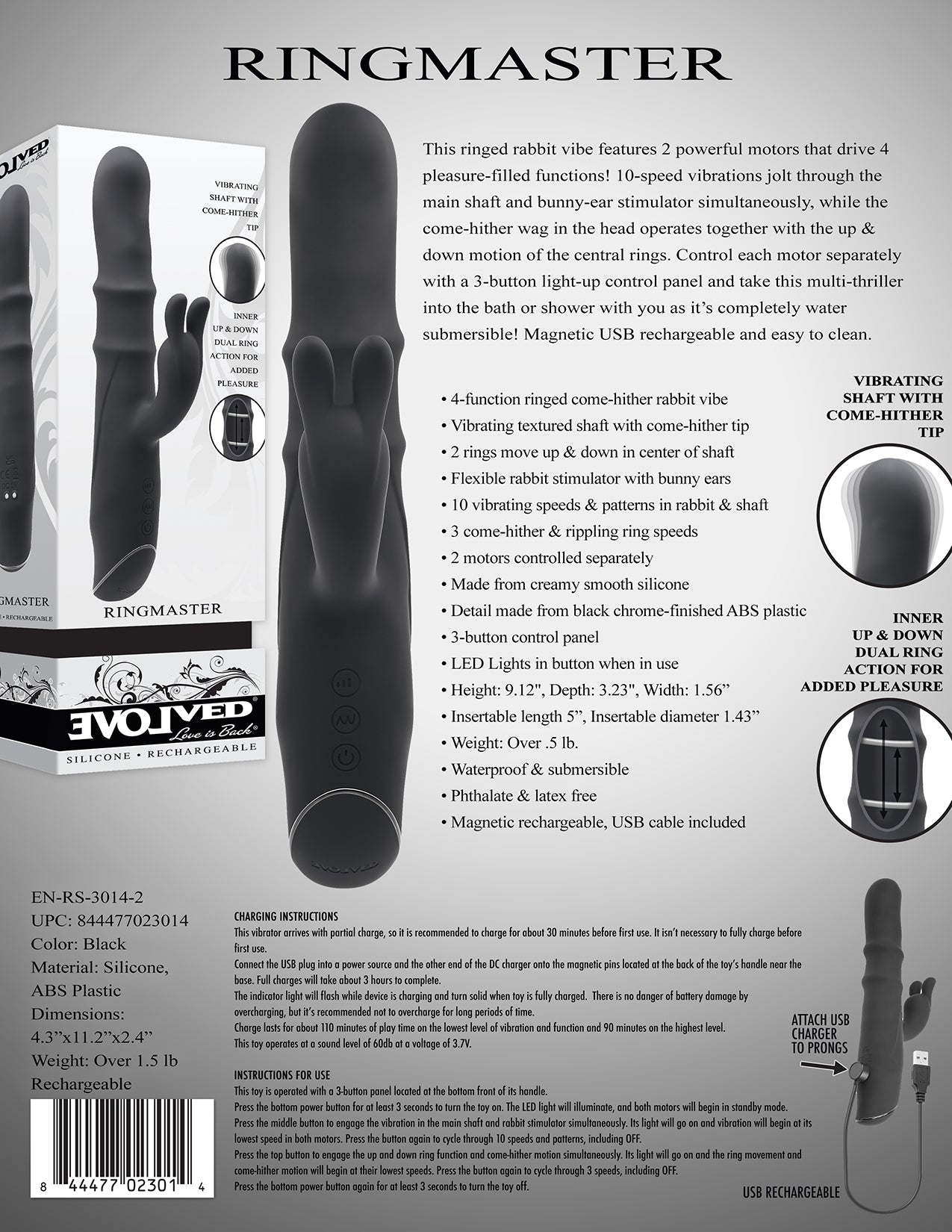 Evolved RINGMASTER Black 23.1cm USB Rechargeable Rabbit Vibrator