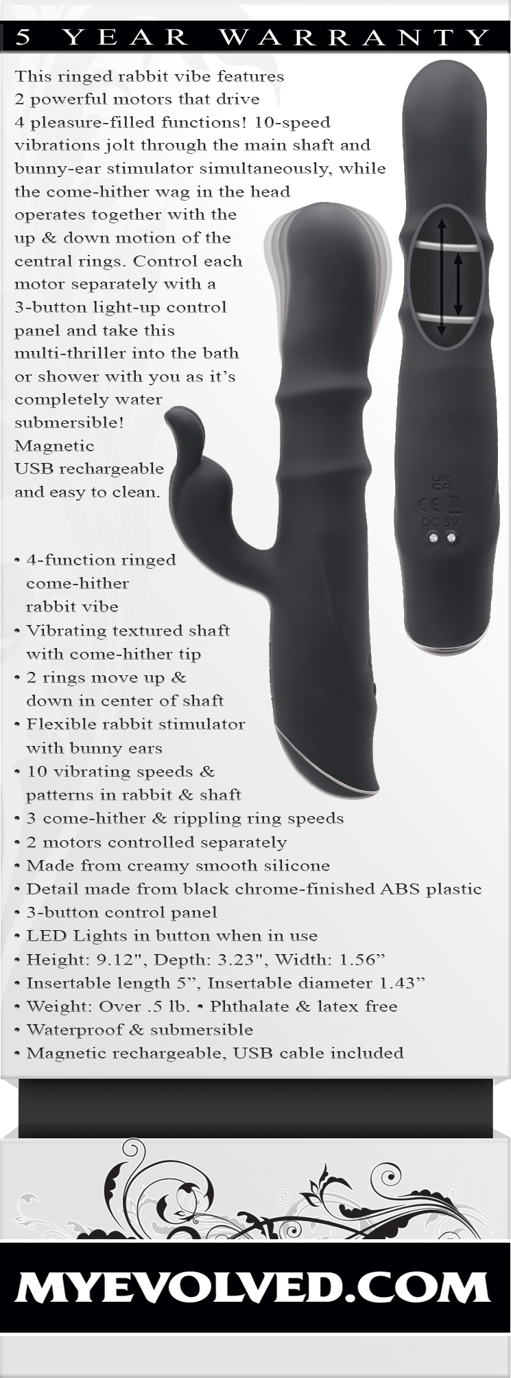 Evolved RINGMASTER Black 23.1cm USB Rechargeable Rabbit Vibrator