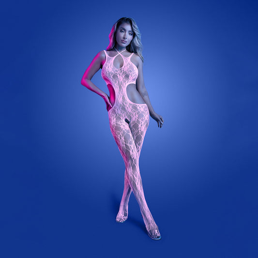 Fantasy Lingerie GLOW Equilibrium Bodystocking Glow In Dark Pink - OS