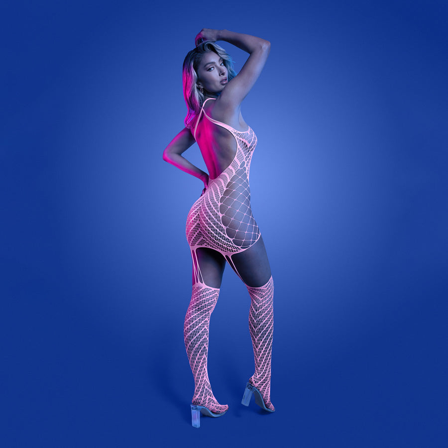 Fantasy Lingerie GLOW Metamorphic Bodystocking Glow In Dark Pink - OS