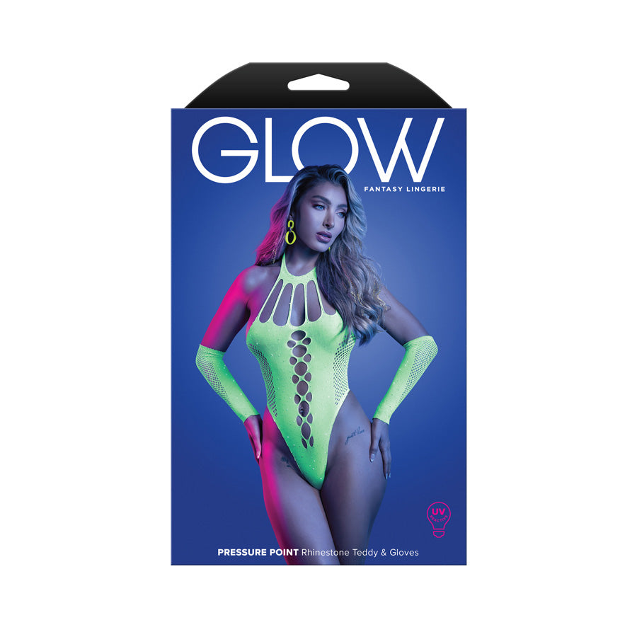 Fantasy Lingerie GLOW Pressure Point Teddy Glow In Dark Green - OS