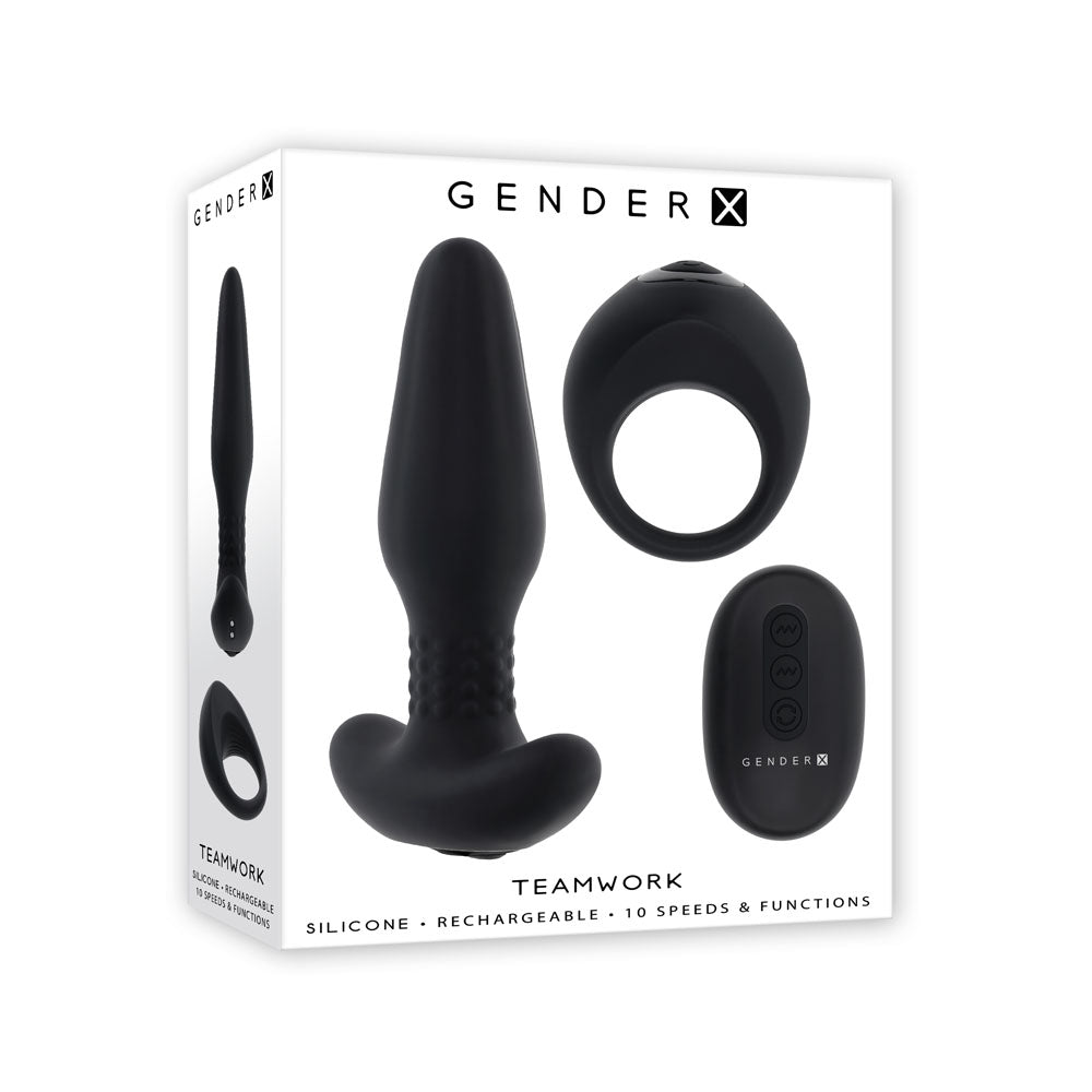Gender X TEAMWORK - Black Rimming Butt Plug & Vibrating Cock Ring