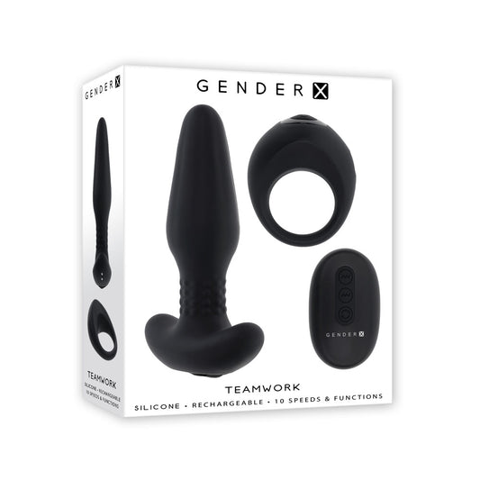 Gender X TEAMWORK - Black Rimming Butt Plug & Vibrating Cock Ring