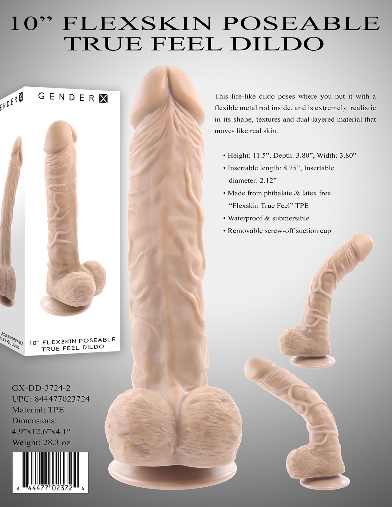 Gender X 10" FLEXSKIN POSEABLE TRUE FEEL Light Flesh 29.2cm Poseable Dong Dildo