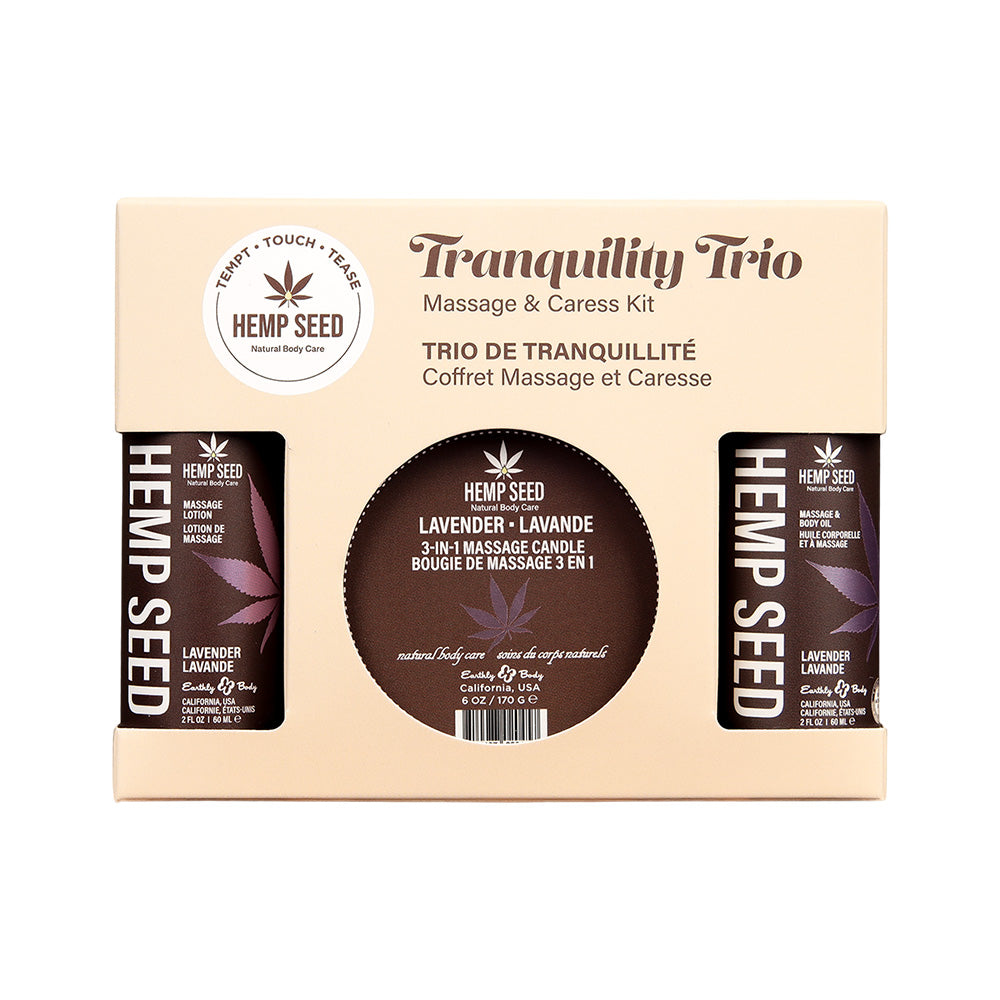 Earthly Body Hemp Seed Tranquility Trio - Lavender Scented Massage & Caress Kit - 3 Piece Kit
