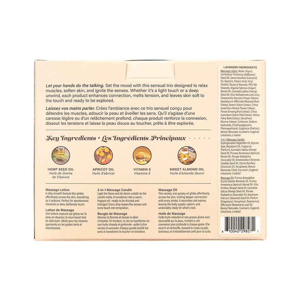 Earthly Body Hemp Seed Tranquility Trio - Lavender Scented Massage & Caress Kit - 3 Piece Kit