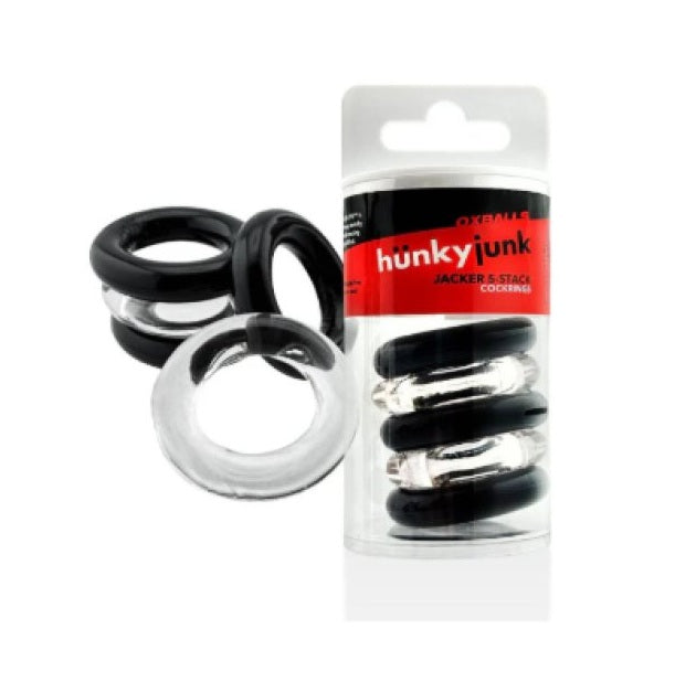 Hunkyjunk Jacker 5-stack Five-pack Tube Super-strong Cockrings Clear/Black