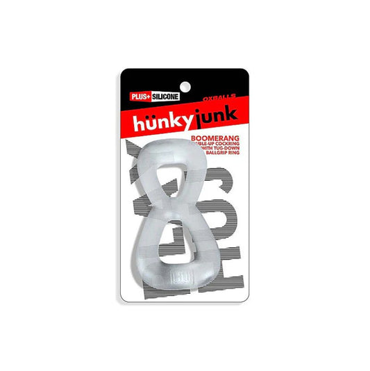 Hunkyjunk Boomerang Double-ring Cockring & Nut-tugger Clear Steam