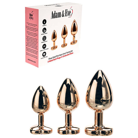 Adam & Eve Rose Gold Heart Gem Anal Training Set - Rose Gold Plugs with Gem Bases - Set of 3 Sizes