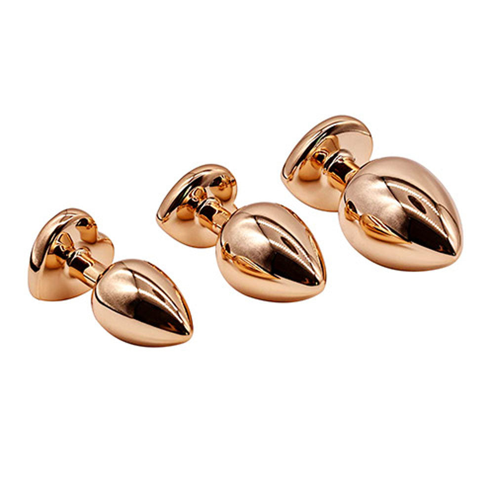 Adam & Eve Rose Gold Heart Gem Anal Training Set - Rose Gold Plugs with Gem Bases - Set of 3 Sizes