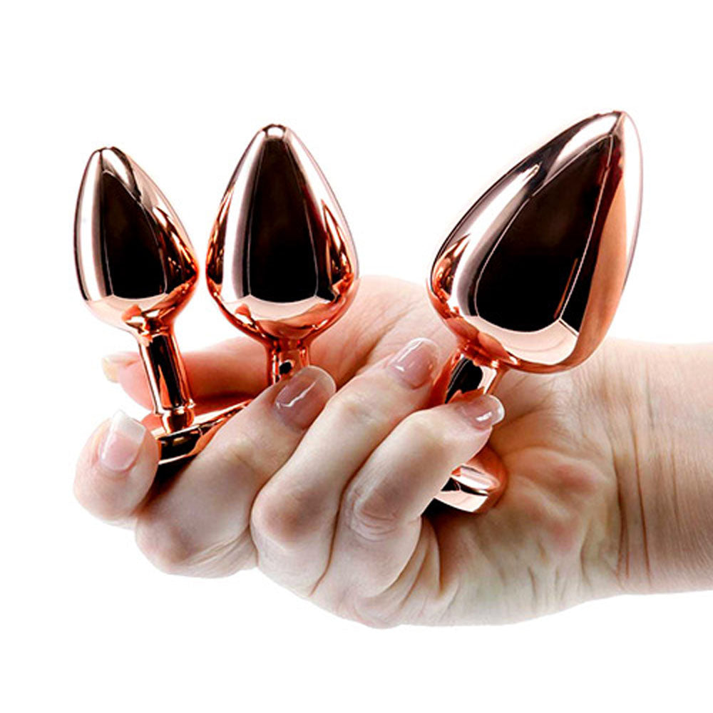 Adam & Eve Rose Gold Heart Gem Anal Training Set - Rose Gold Plugs with Gem Bases - Set of 3 Sizes