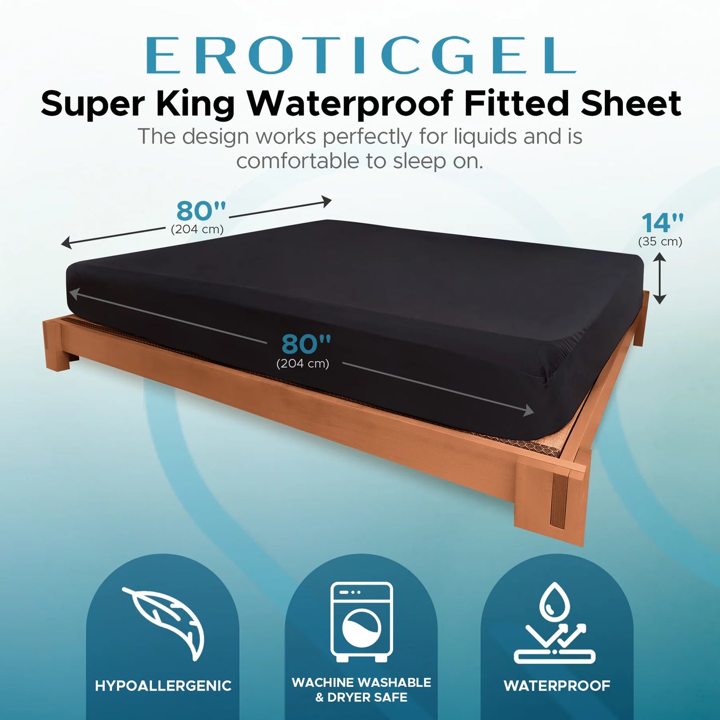 Eroticgel SUPER KING Waterproof Fitted Sheet 204cm x 204cm + 35cm