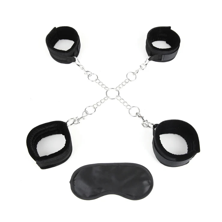 Lux Fetish Hog Tie with 4 Universal Soft Restraints Cuffs + Blindfold