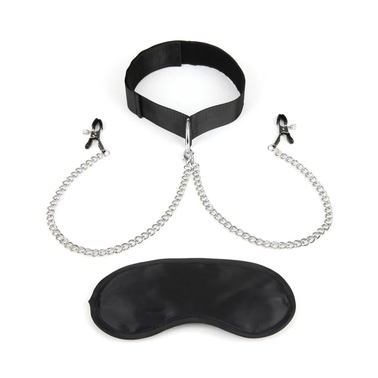 Lux Fetish Collar And Nipple Clips + Blindfold