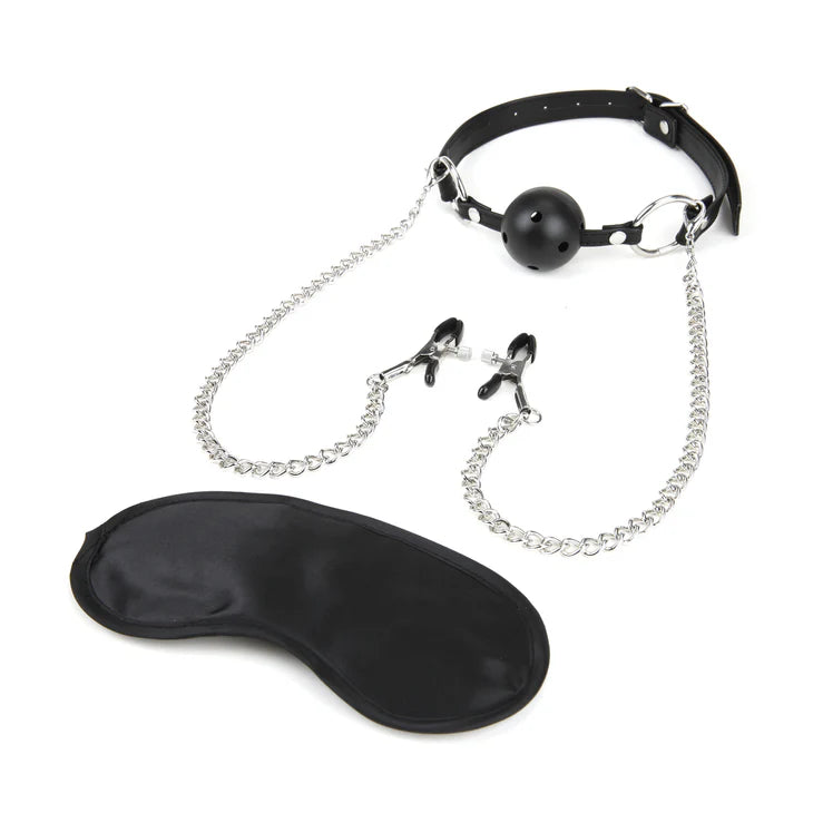 Lux Fetish Breathable Ball Gag With Nipple Chain + Blindfold