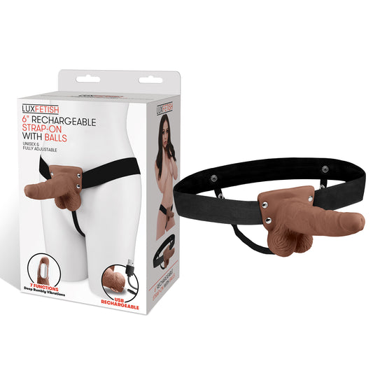 Lux Fetish 6" Rechargeable Strap-on With Balls - Brown