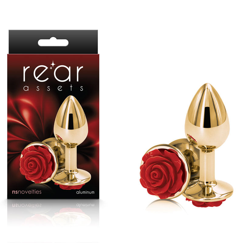 NS Novelties | Rear Assets Rose - Small - Gold 7.6cm Metal Butt Plug with Red Rose Base
