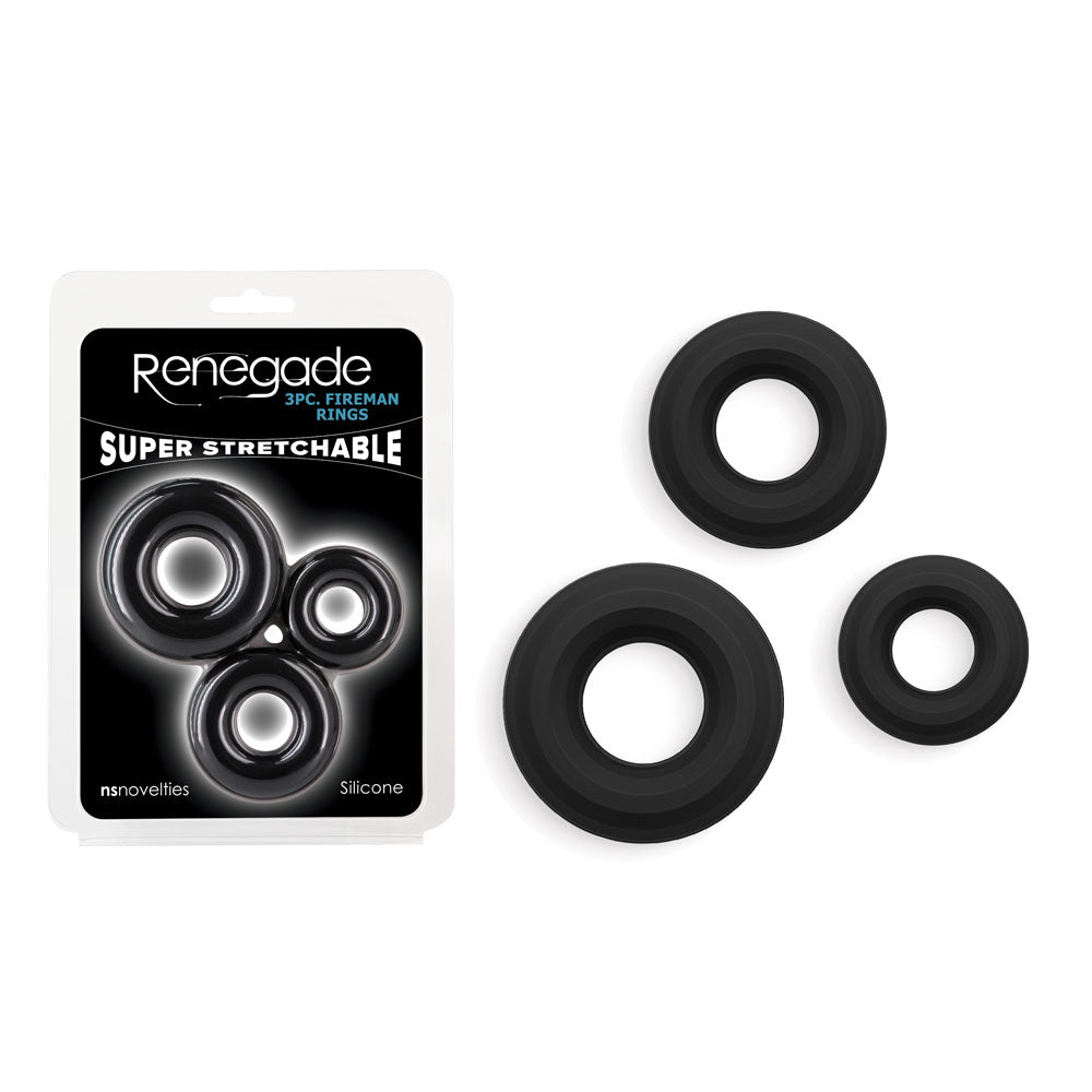 NS Novelties | Renegade 3pc Fireman Rings - Black Cock Rings - Set of 3 Sizes