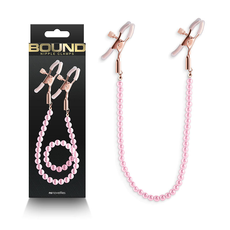 NS Novelties Bound Nipple Clamps - DC1 - Gold Nipple Clamps with Pink Pearl Chain