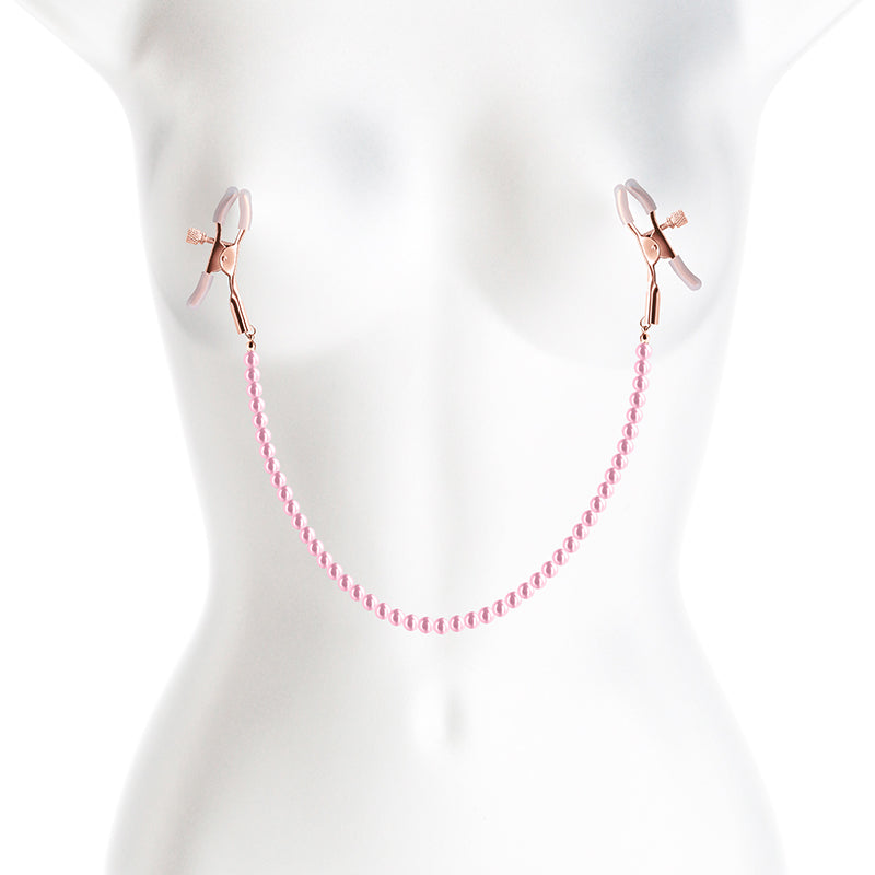 NS Novelties Bound Nipple Clamps - DC1 - Gold Nipple Clamps with Pink Pearl Chain