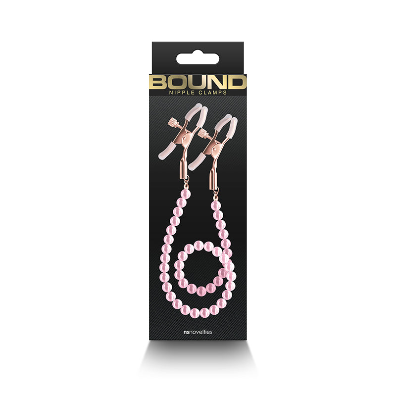 NS Novelties Bound Nipple Clamps - DC1 - Gold Nipple Clamps with Pink Pearl Chain