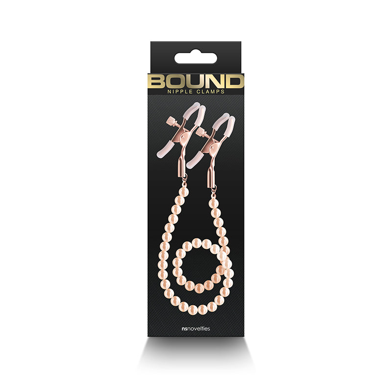 NS Novelties Bound Nipple Clamps - DC1 - Rose Gold Nipple Clamps with Gold Pearl Chain
