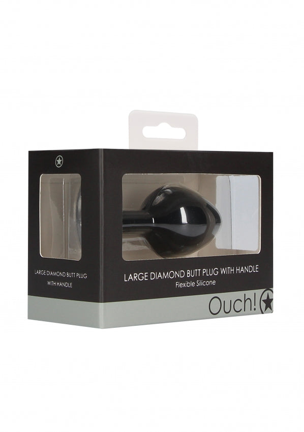 Shots Toys | OUCH! Large Diamond Butt Plug With Handle - Black 8.6 cm Butt Plug with Gem Base
