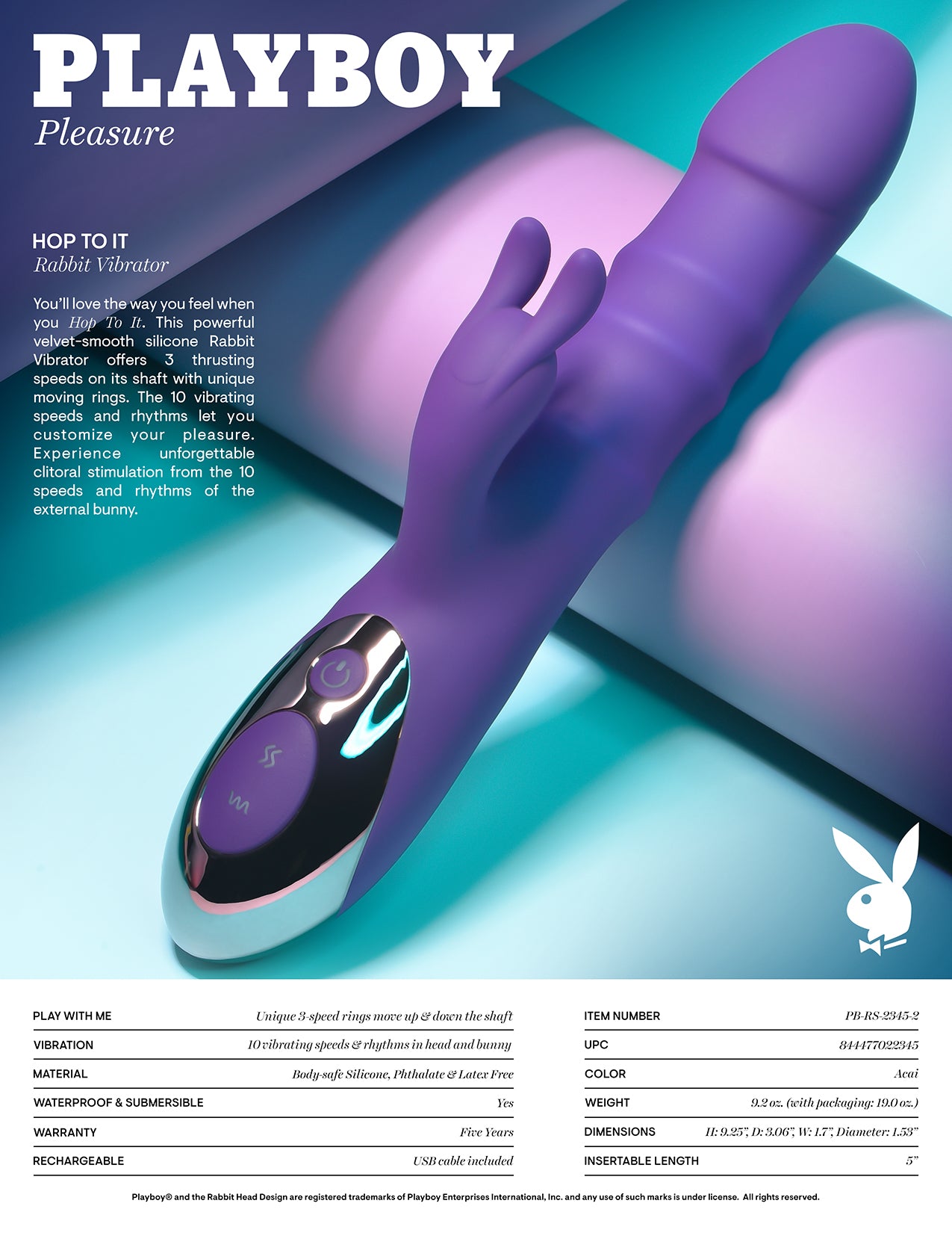 Playboy Pleasure HOP TO IT - Purple 23.5cm Thrusting Rabbit Vibrator