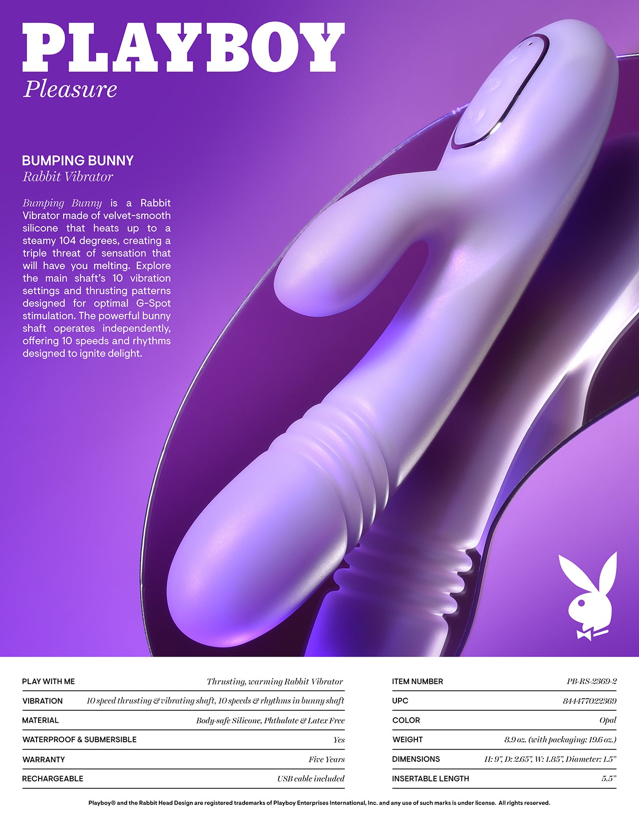 Playboy Pleasure BUMPING BUNNY Opal 22.9cm Thrusting & Warming Rabbit Vibrator