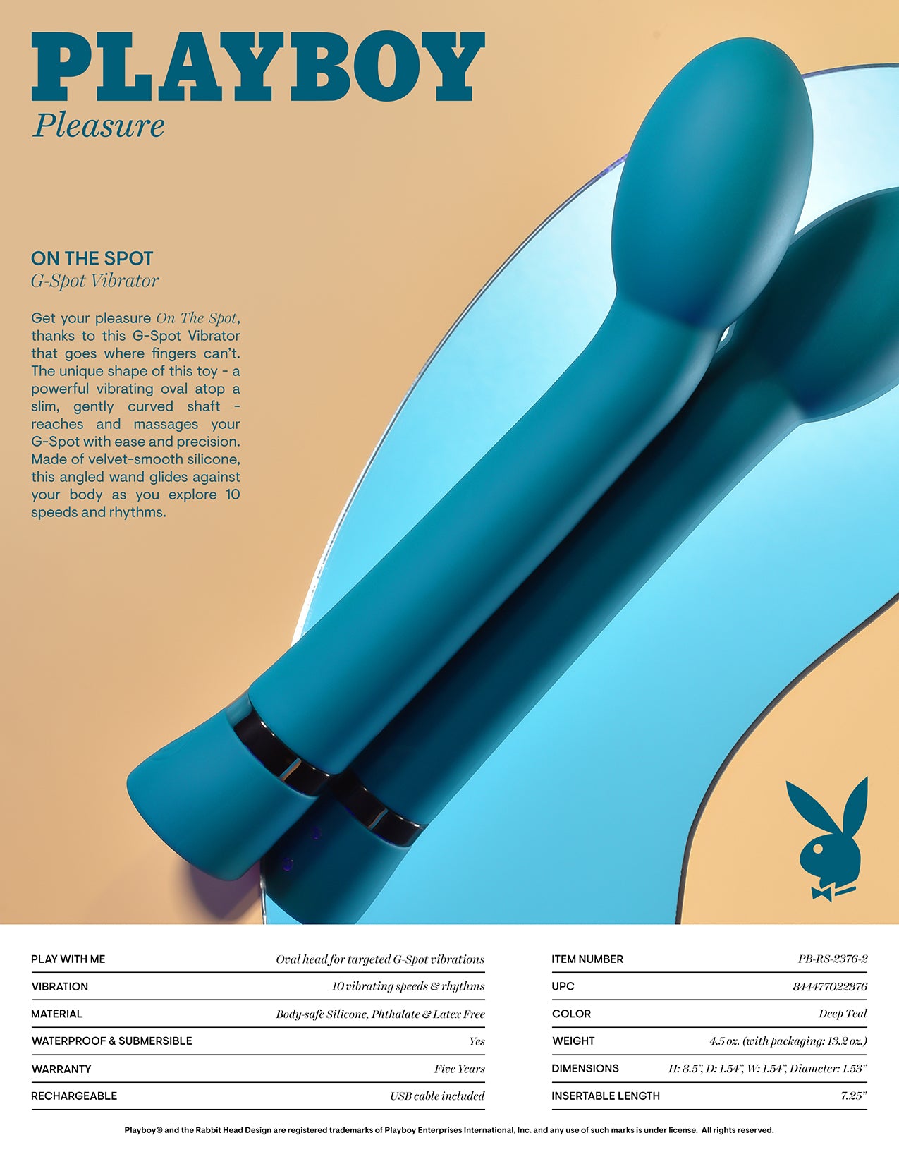 Playboy Pleasure ON THE SPOT Blue 21.6cm USB Rechargeable G-Spot Vibrator