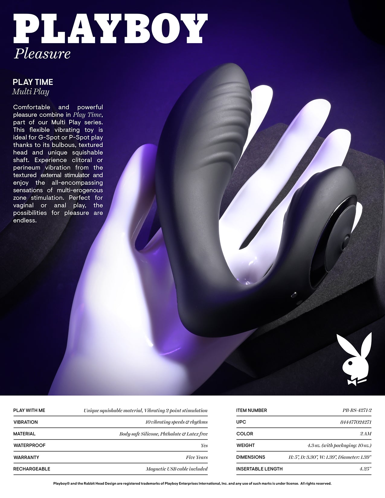 Playboy Pleasure PLAY TIME Black 12.7cm USB Rechargeable G-Spot P-Spot Vibrator